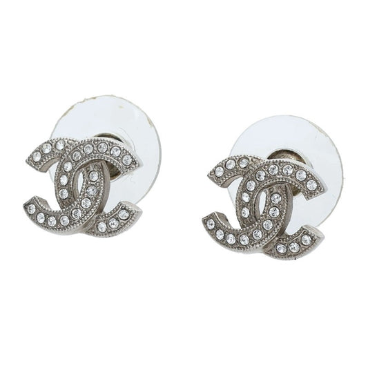 CHANEL Rhinestone Coco Mark Silver/Clear Earrings