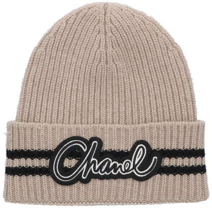 CHANEL Beige Cashmere Logo Patch Knit Beanie
