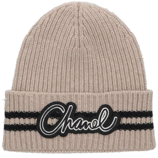 CHANEL Beige Cashmere Logo Patch Knit Beanie