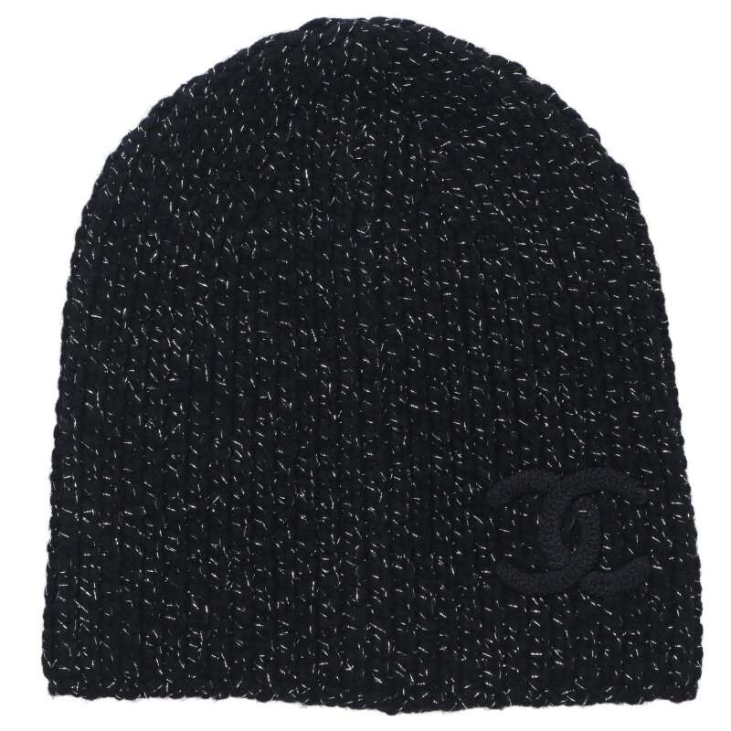 CHANEL Black Silver CC Embroidered Cashmere Size ONE SIZE