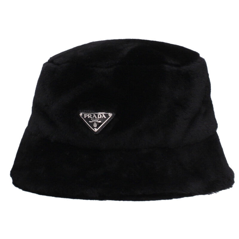 PRADA Black Triangle Logo Fur Bucket Hat Size ONE SIZE