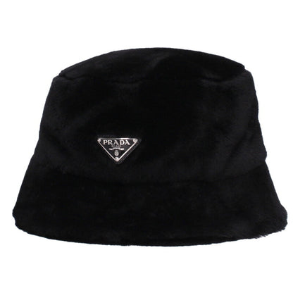 PRADA Black Triangle Logo Fur Bucket Hat Size ONE SIZE