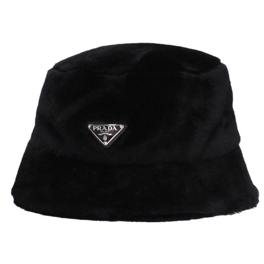 PRADA Black Triangle Logo Fur Bucket Hat Size ONE SIZE