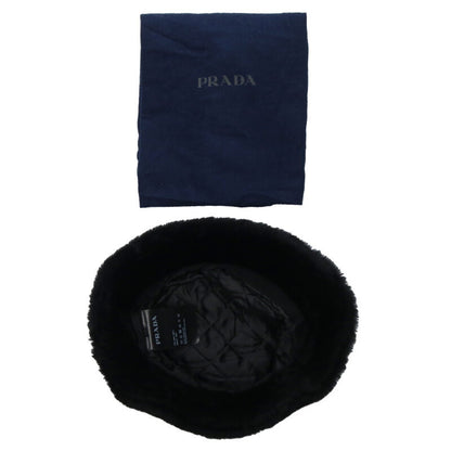 PRADA Black Triangle Logo Fur Bucket Hat Size ONE SIZE