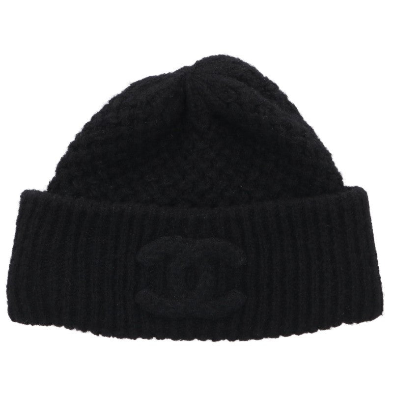 CHANEL Coco Mark Embroidered Cashmere Beanie Black