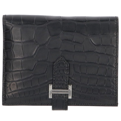 HERMES Bearn Compact Alligator Wallet Black Size ONE SIZE