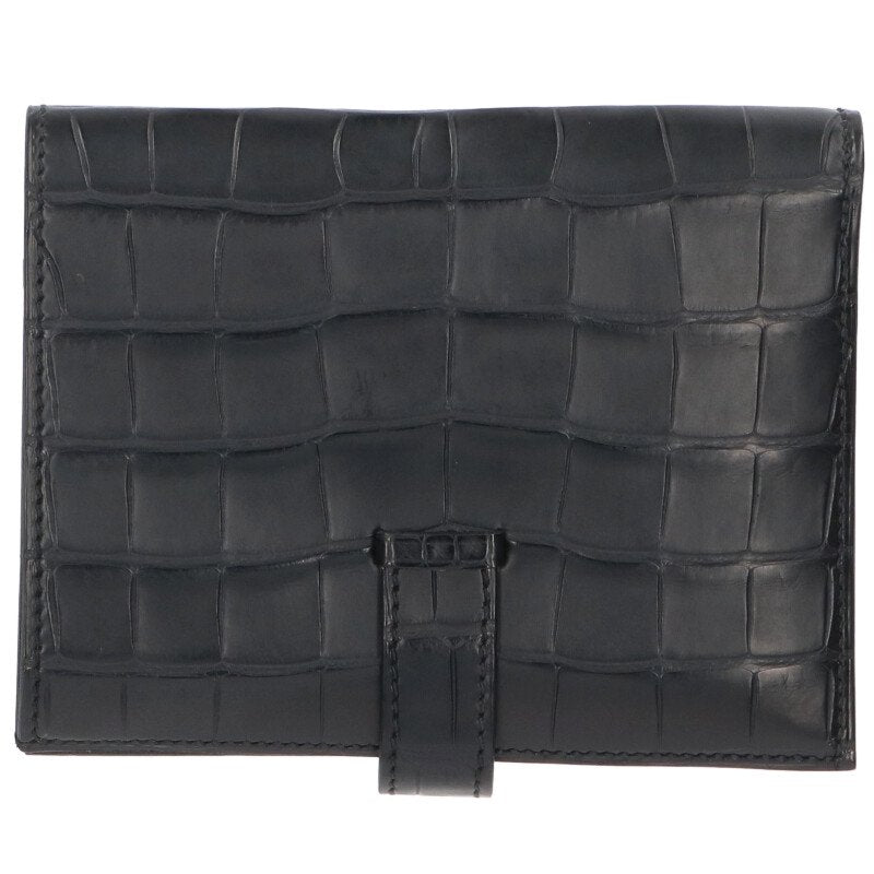 HERMES Bearn Compact Alligator Wallet Black Size ONE SIZE
