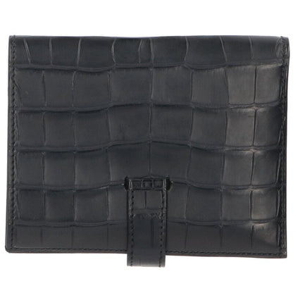 HERMES Bearn Compact Alligator Wallet Black Size ONE SIZE