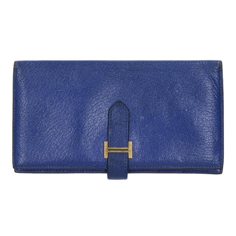 HERMES Bearn Soufflet Chevre Long Wallet Blue Size ONE SIZE