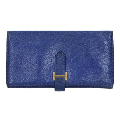 HERMES Bearn Soufflet Chevre Long Wallet Blue Size ONE SIZE