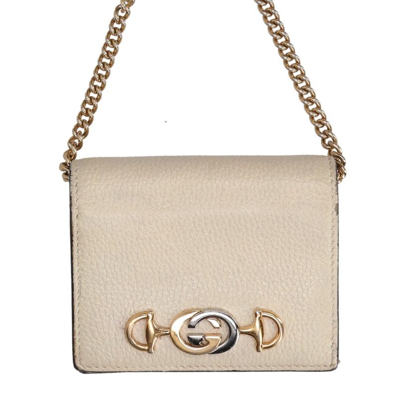 GUCCI Zumi Mini Chain Bi-fold Wallet White Gold