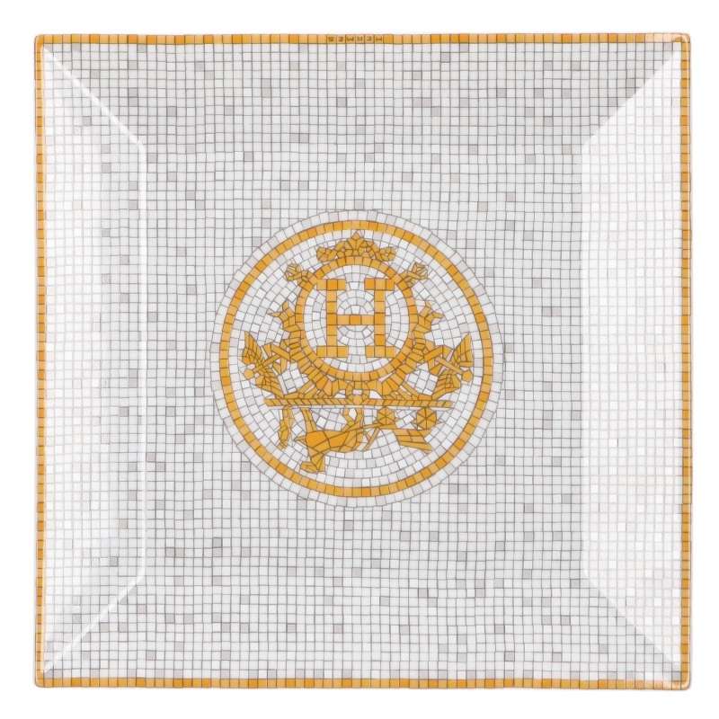HERMES Petit Carré Mosaic Pattern Plate White Orange