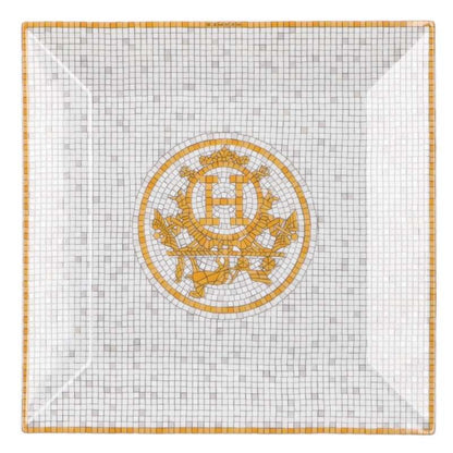 HERMES Petit Carré Mosaic Pattern Plate White Orange