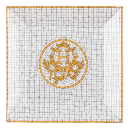 HERMES Petit Carré Mosaic Pattern Plate White Orange