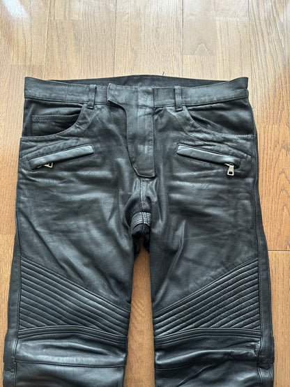 Balmain Black Coated Leather Paneled Biker Jeans