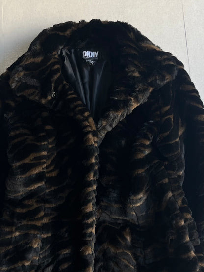 DKNY Fur Long Wool Blend Coat Multi Size S