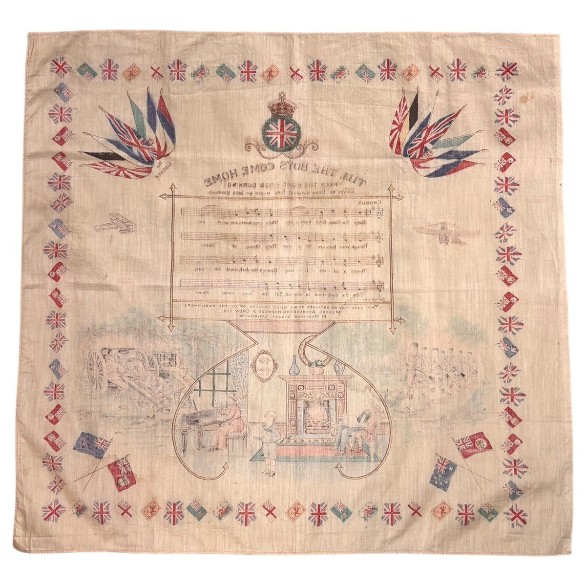 VINTAGE 1910s WW1 Allied Wars Printed Bandana Beige