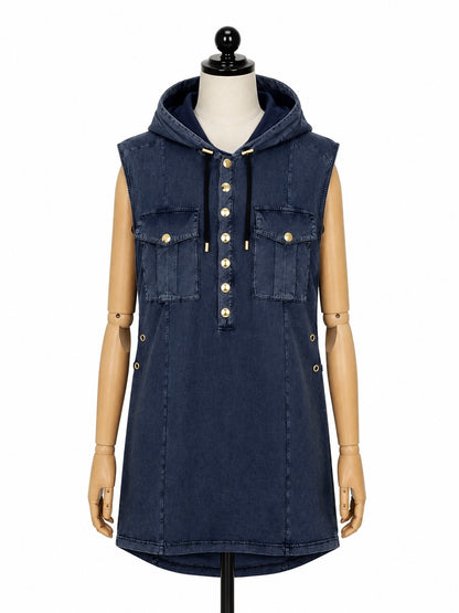 Balmain Blue Sleeveless Hoodie Dress Gold HW Size S