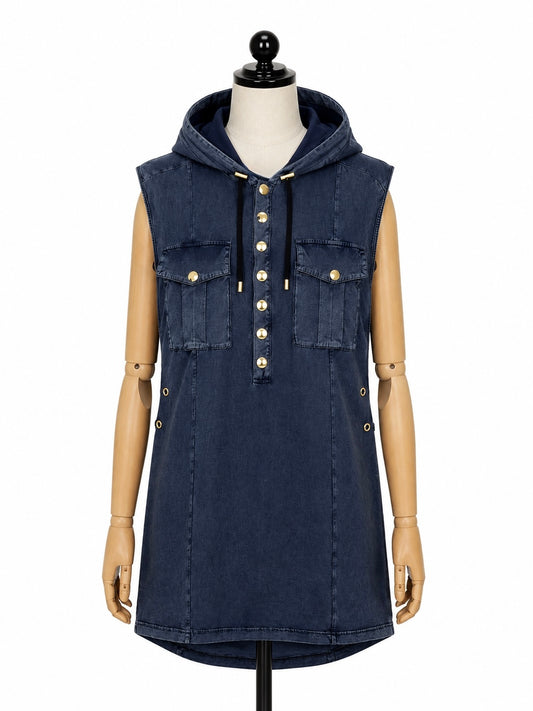 Balmain Blue Sleeveless Hoodie Dress Gold HW Size S