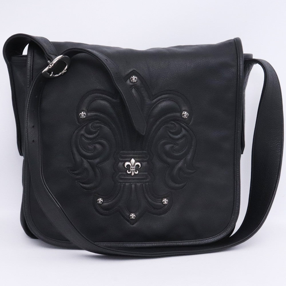CHROME HEARTS BS Fleur Leather Messenger Bag Black Size F