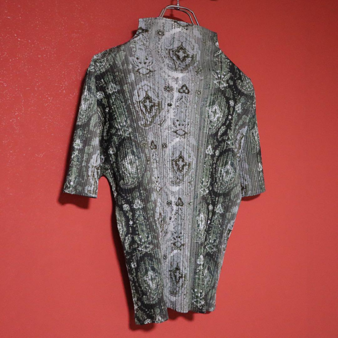 Vintage Gray Pleated Paisley Print High Neck T-Shirt Size 3