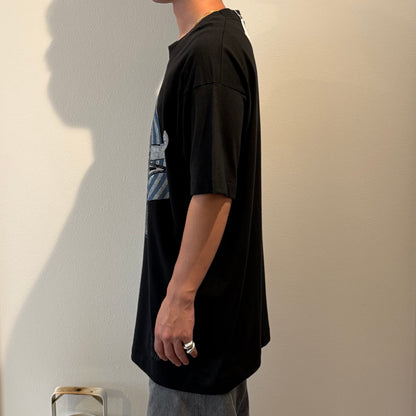 Vintage 90s Black Trip Smile Flock Print Cotton Size L
