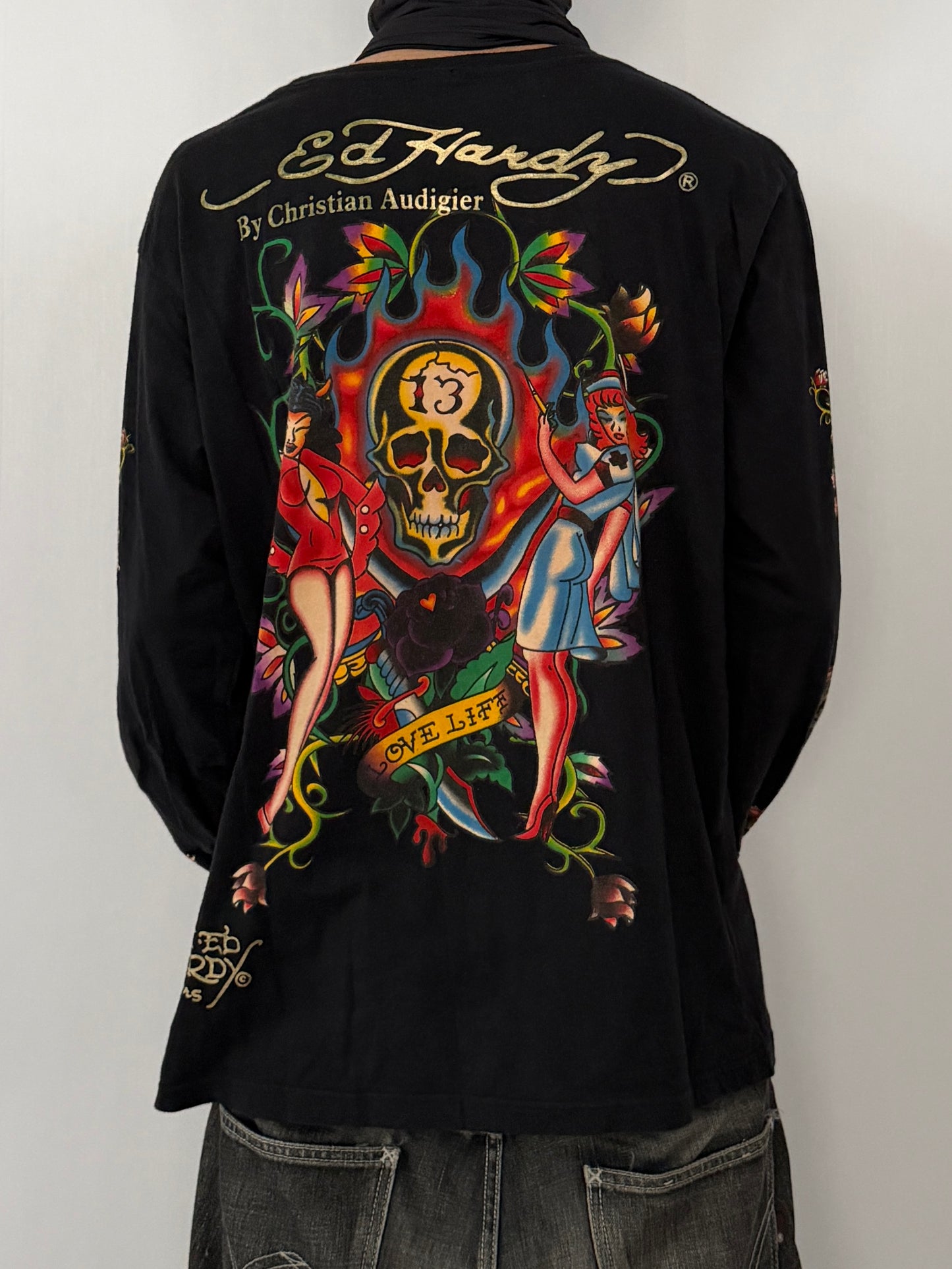 Ed Hardy Skull Black Long Sleeve Tee Size M