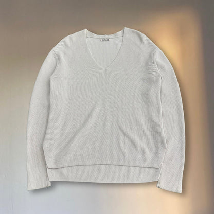 AURALEE 19SS White Cotton V-Neck Rib Knit Sweater