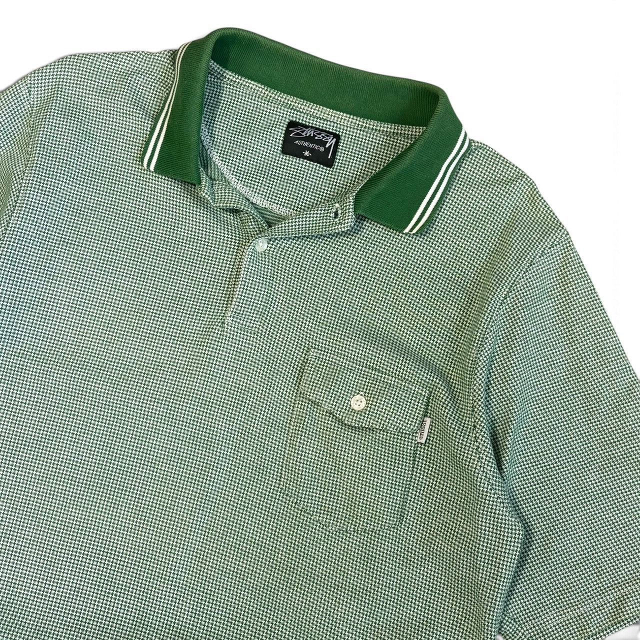 Stussy Green Houndstooth S/S Polo Shirt Size M