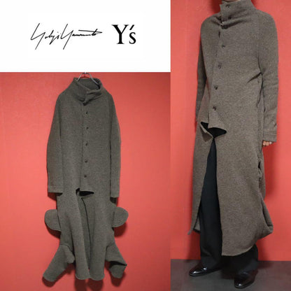Y's 00s Asymmetric Sleeve Inside-Out Wool Coat Brown Size 3