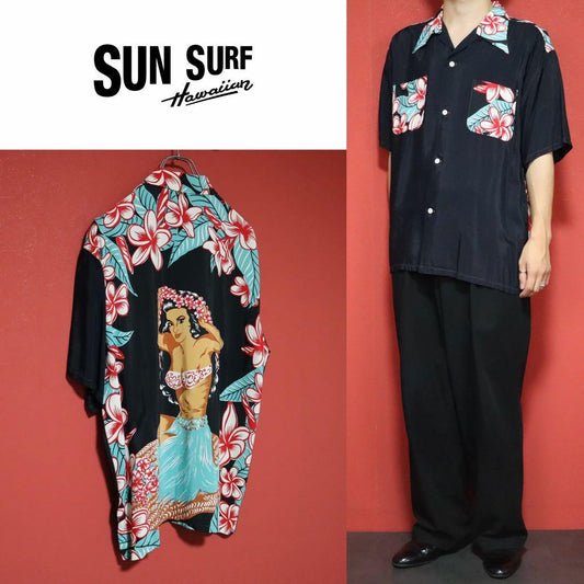 SUN SURF 00s Artvogue Hula Girl Open Collar Shirt Size L