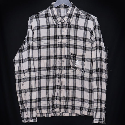 Mastermind Japan Beige Skull Gauze Check Sleeve Shirt Size S