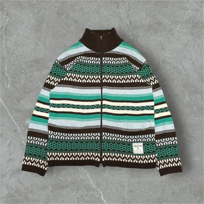 Final Home Brown Green Fair Isle Full Knit Sweater Size S