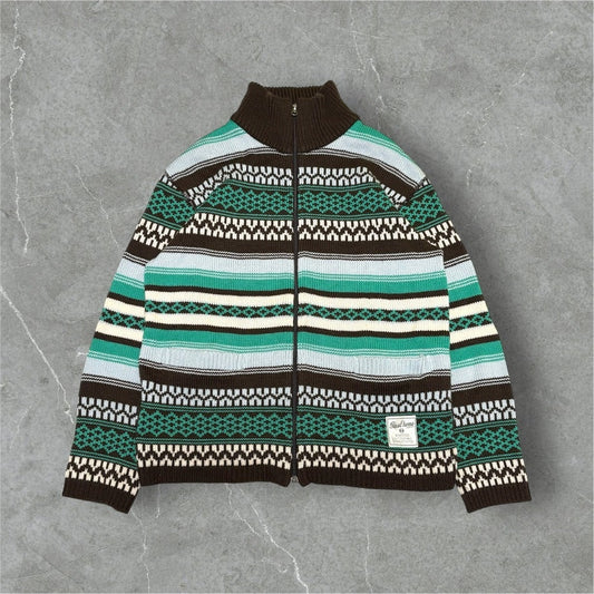 Final Home Brown Green Fair Isle Full Knit Sweater Size S