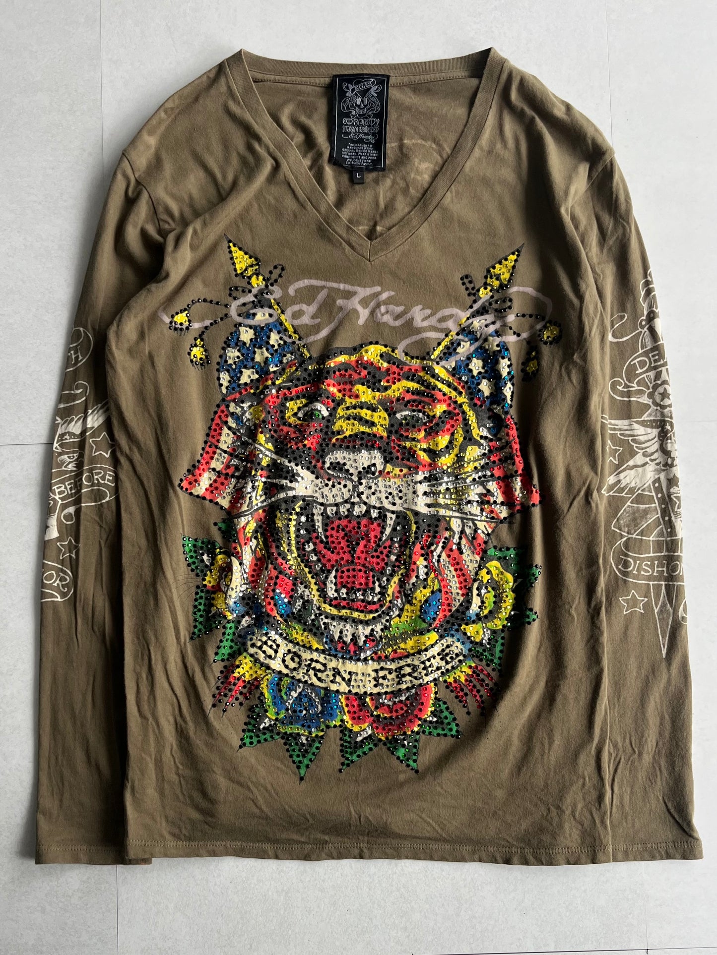 Ed Hardy Green V-Neck Sequin Long Sleeve Shirt Size L
