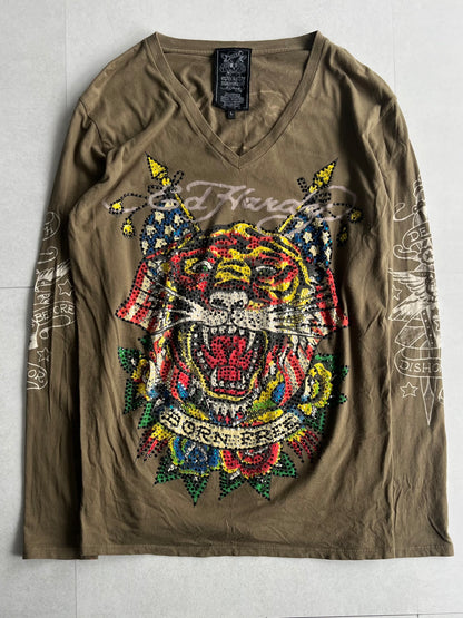 Ed Hardy Green V-Neck Sequin Long Sleeve Shirt Size L