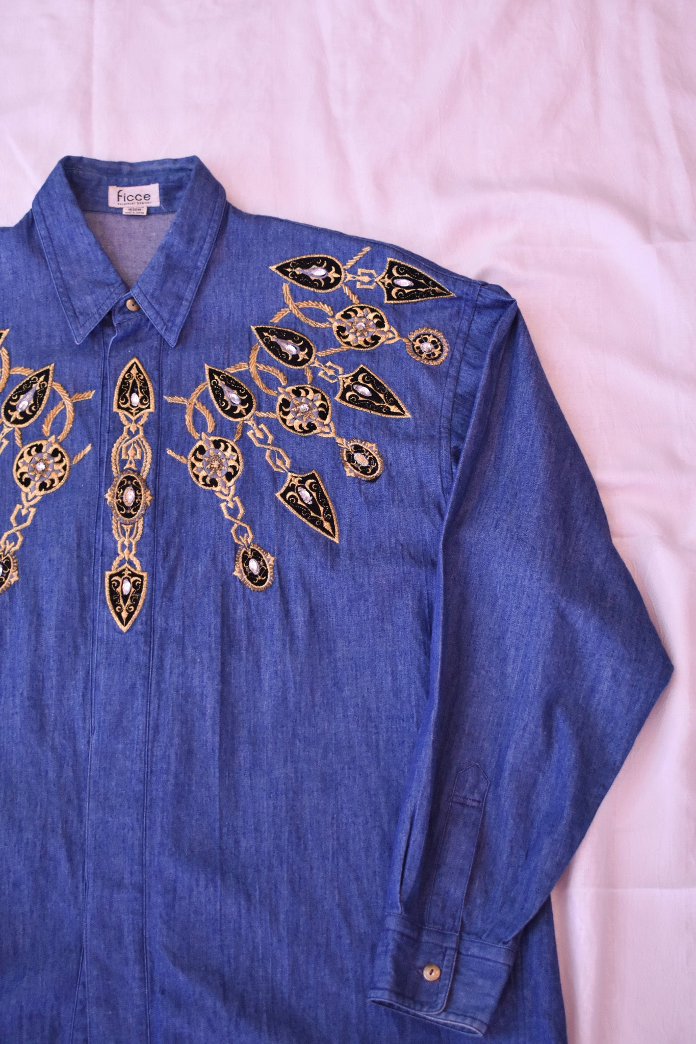 Vintage Ficce uomo Gold Bullion Denim Shirt Size M
