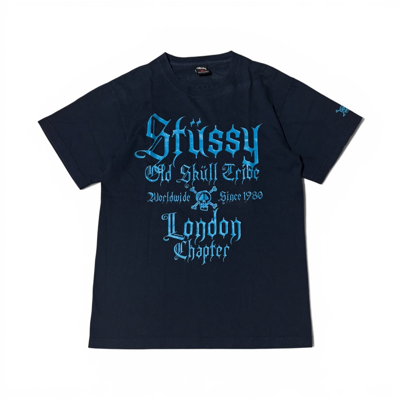 Stussy London Chapter Skull Gothic Navy Blue T-Shirt Size M