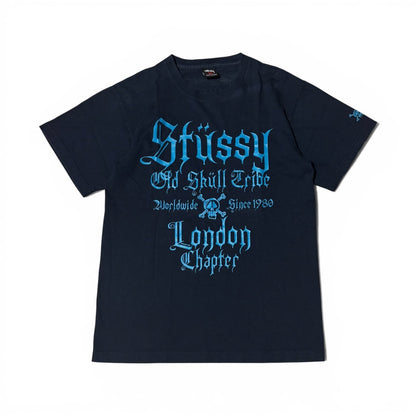 Stussy London Chapter Skull Gothic Navy Blue T-Shirt Size M