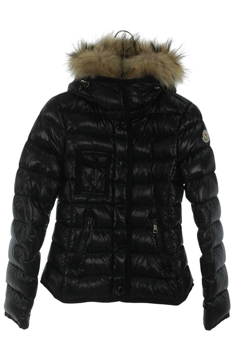 MONCLER Fur Hooded Shiny Nylon Jacket Black Size 1
