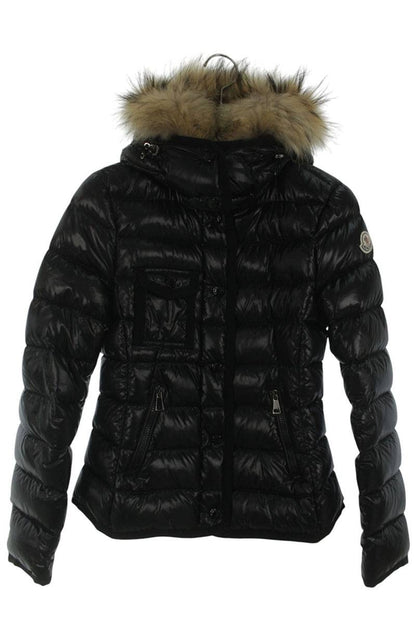MONCLER Fur Hooded Shiny Nylon Jacket Black Size 1