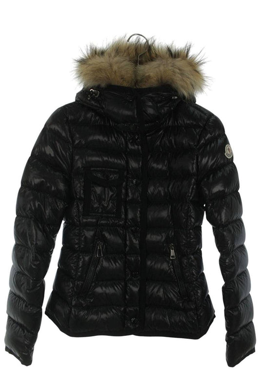 MONCLER Fur Hooded Shiny Nylon Jacket Black Size 1