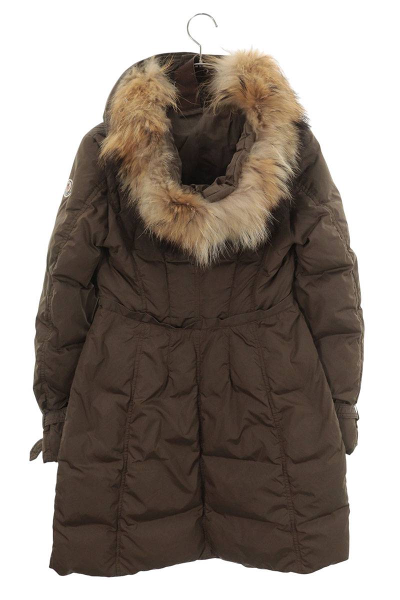 MONCLER Hooded Fur Long Down Jacket Brown Size 0