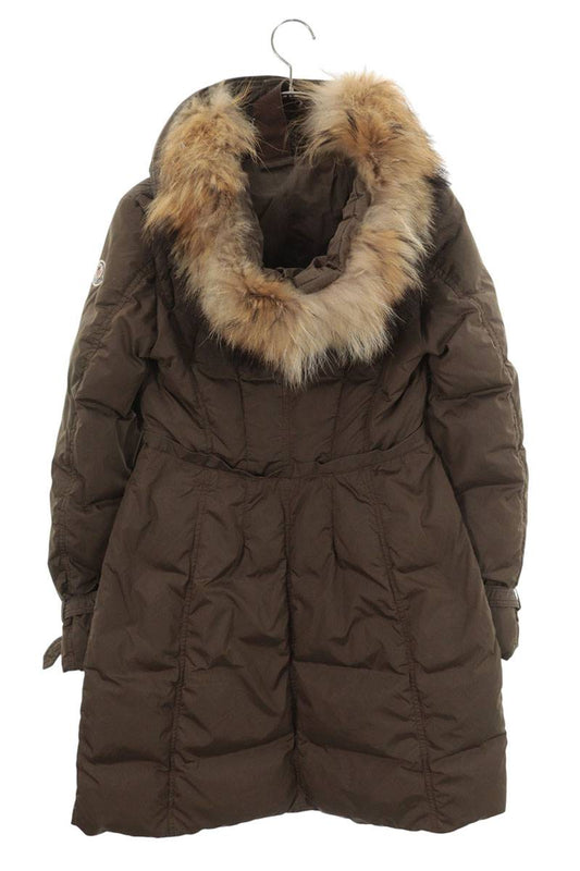 MONCLER Hooded Fur Long Down Jacket Brown Size 0
