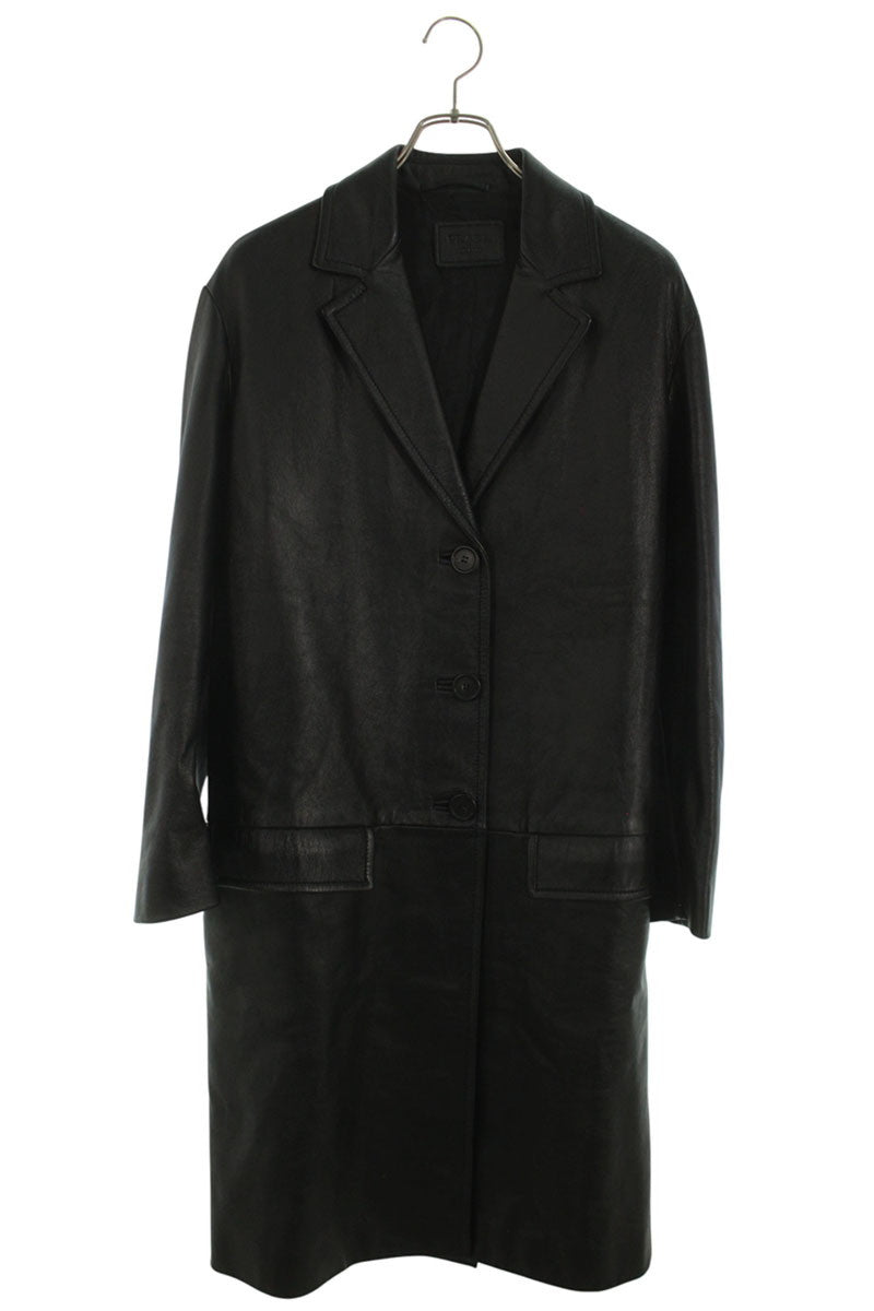 PRADA Triangle Logo Lamb Leather Coat Black Size 36