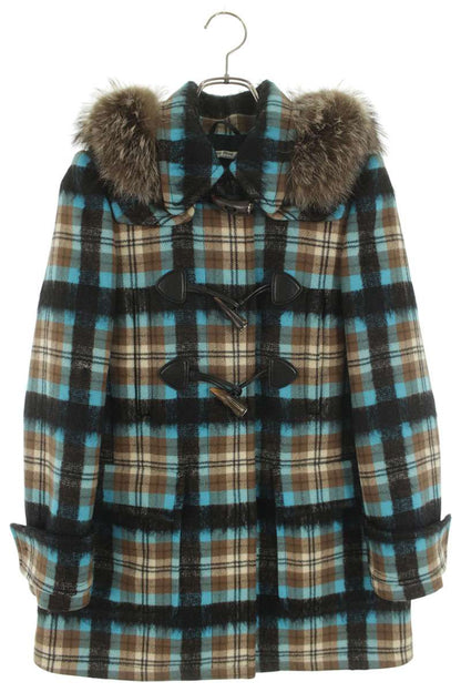 miumiu Fur Hood Check Light Blue/Brown Size 36