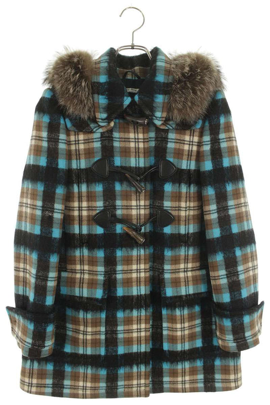 miumiu Fur Hood Check Light Blue/Brown Size 36