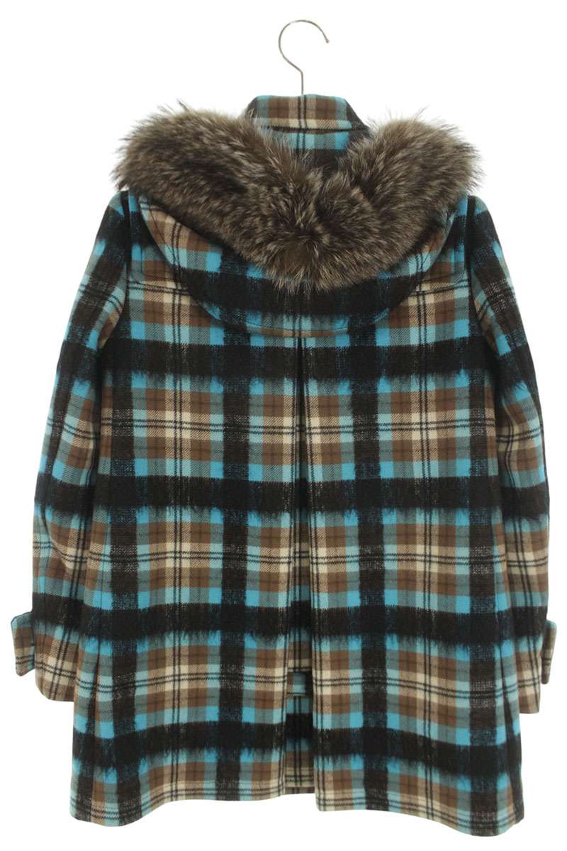miumiu Fur Hood Check Light Blue/Brown Size 36