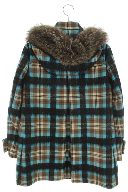miumiu Fur Hood Check Light Blue/Brown Size 36