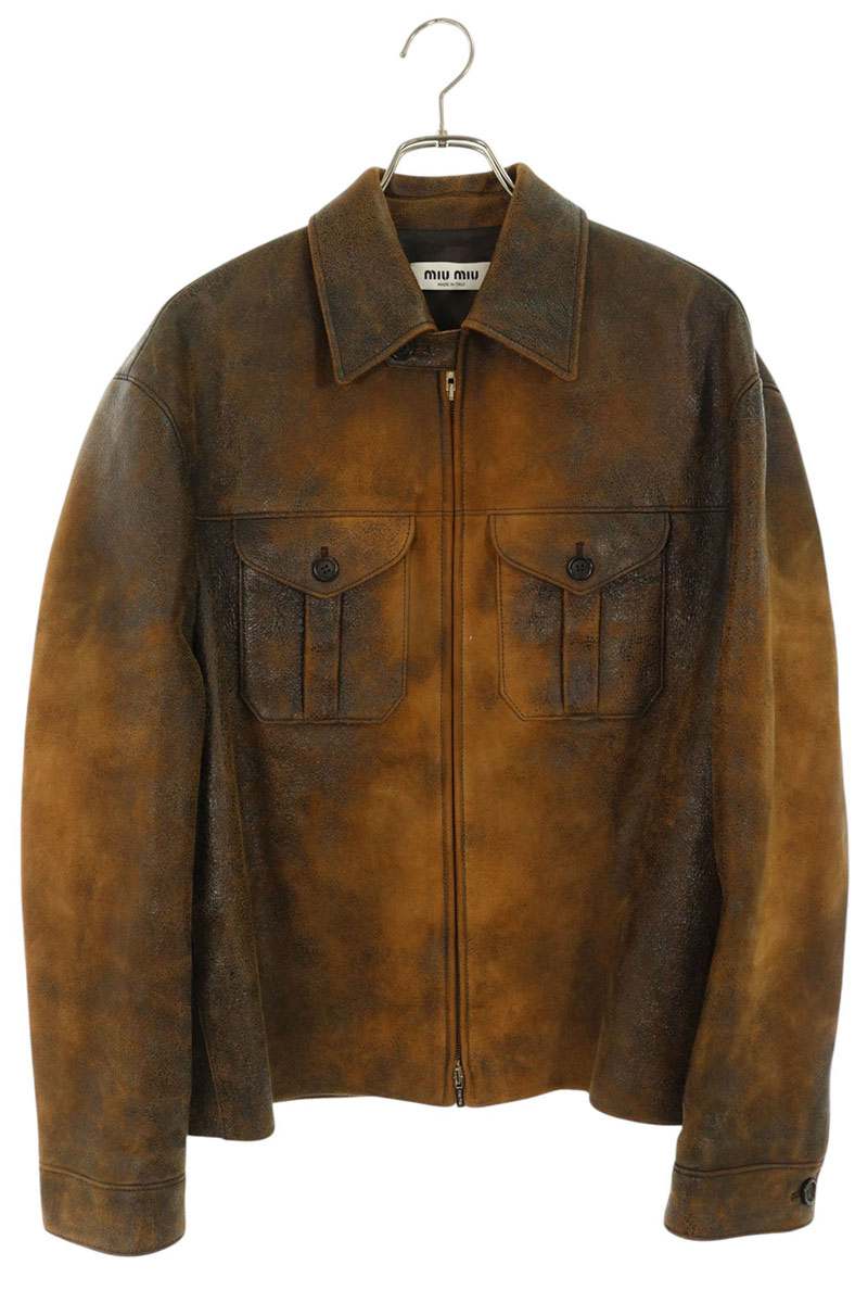 miumiu Waxed Suede Leather Jacket Brown Size 38